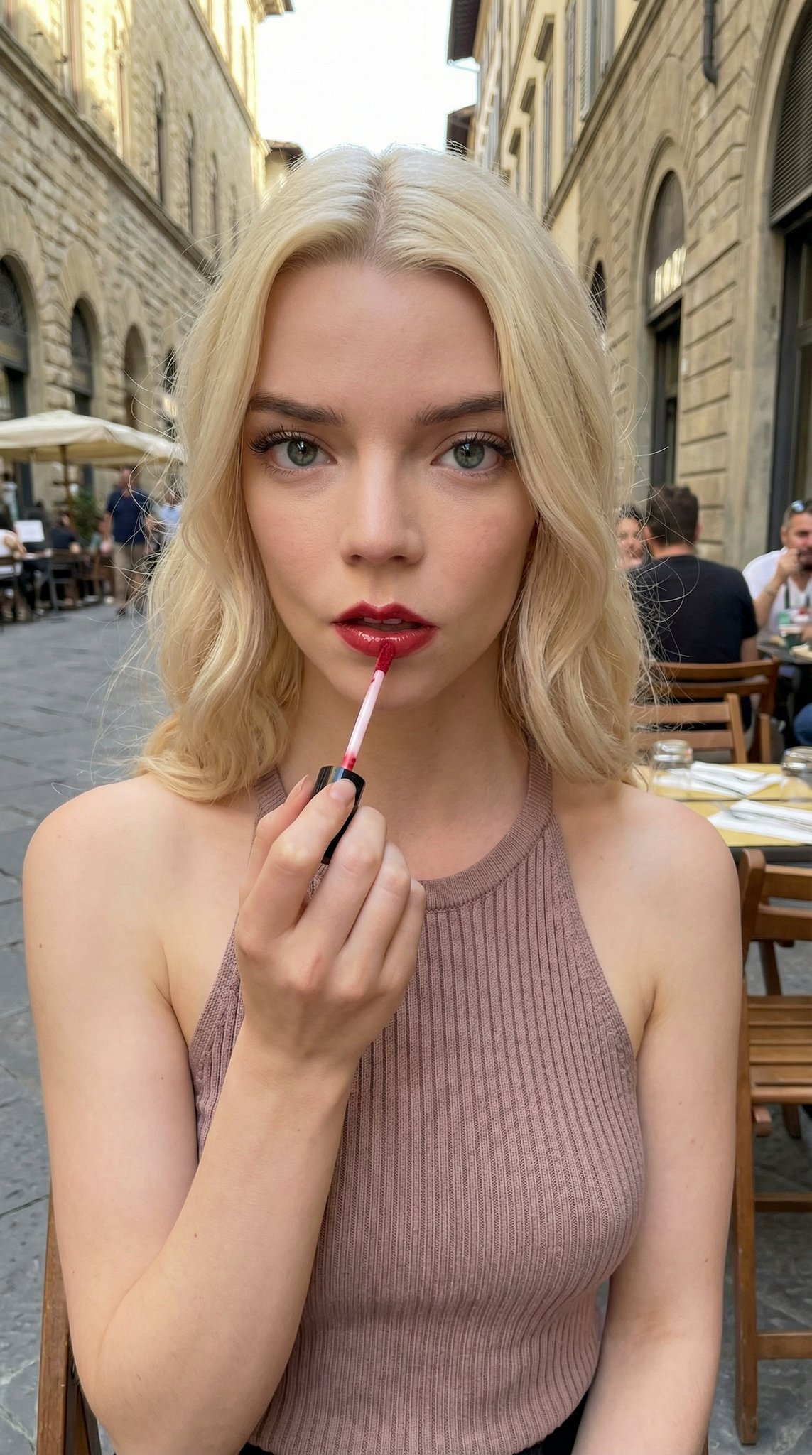 AI generated European cafe beauty portrait with lip gloss by このジェネレーター