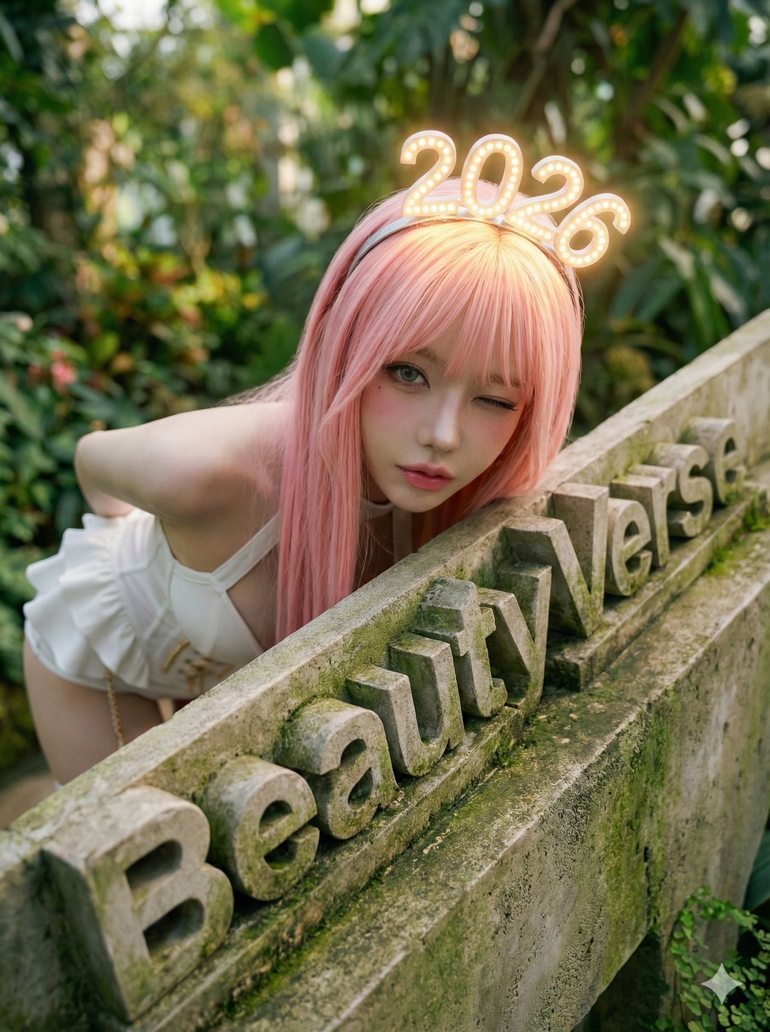 AI generated pink hair cosplay portrait with LED headband by このツール